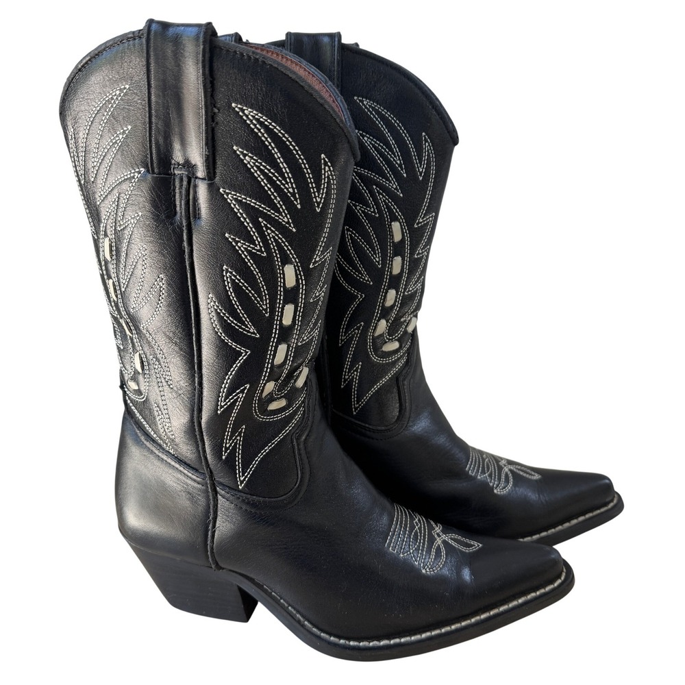 Jeffrey Campbell Cowboy Boots Black Leather White Stitch Pointed Toe Western 7